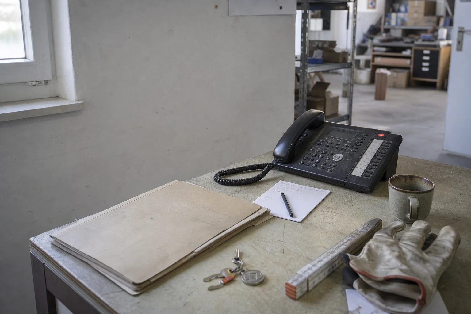 Schreibtisch eines Handwerksbetriebs mit Telefon, Auftragsmappen und Werkzeug