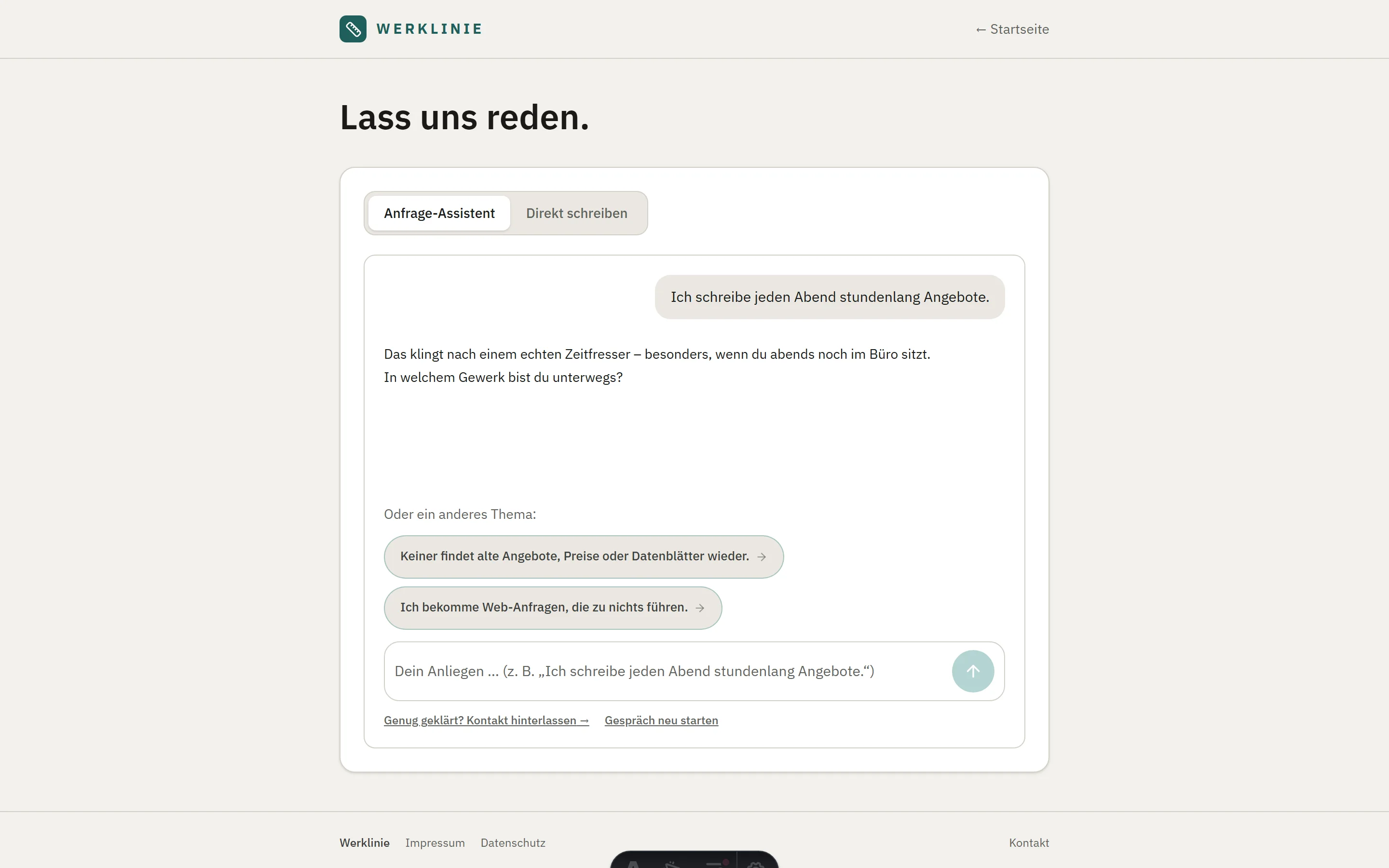 Werklinie Anfrage-Widget im Dialog auf der Kontaktseite mit einer Rückfrage zum geschilderten Problem