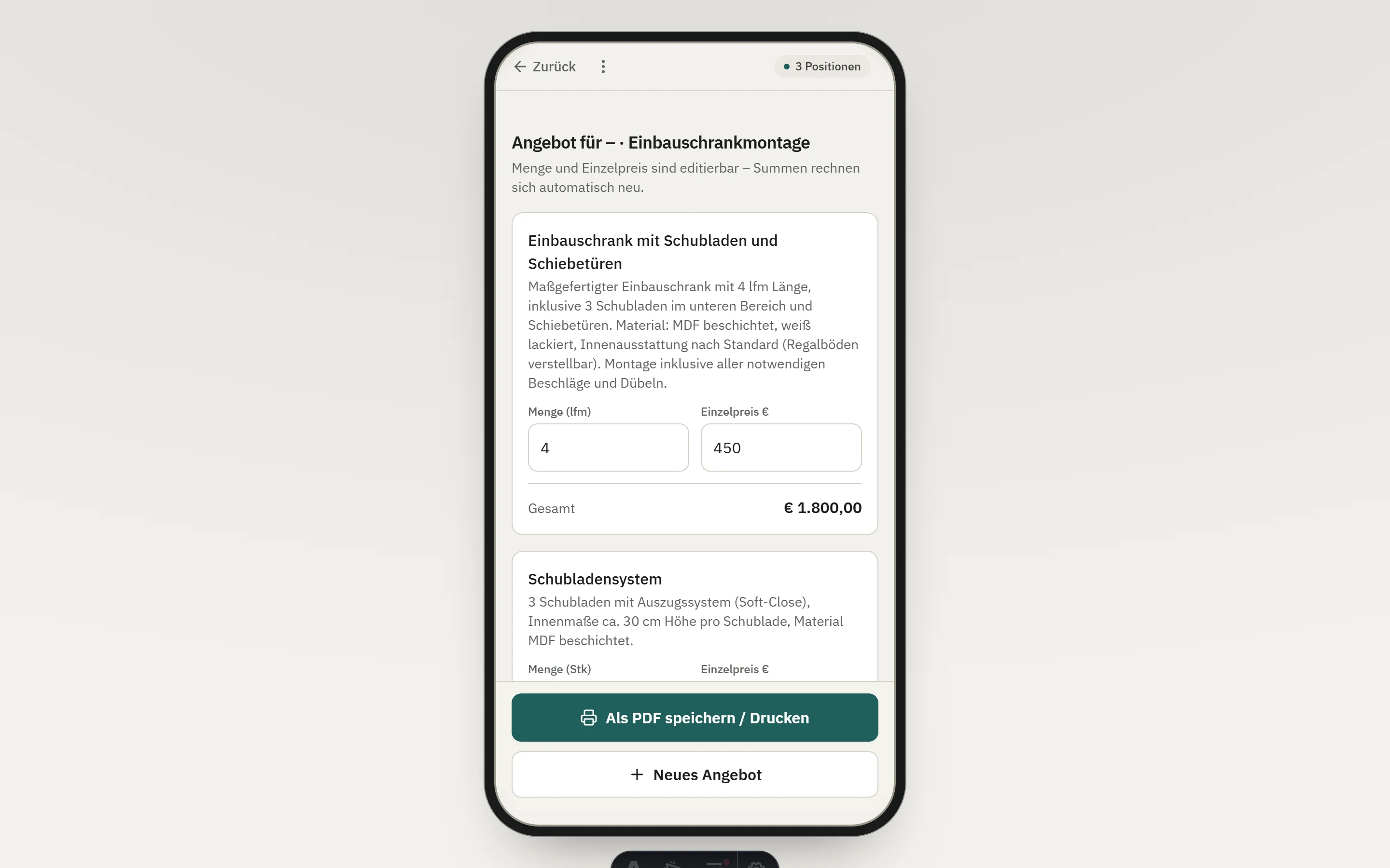 Angebotsentwurf mit strukturierten Positionen, Mengen, Preisen und Gesamtsumme