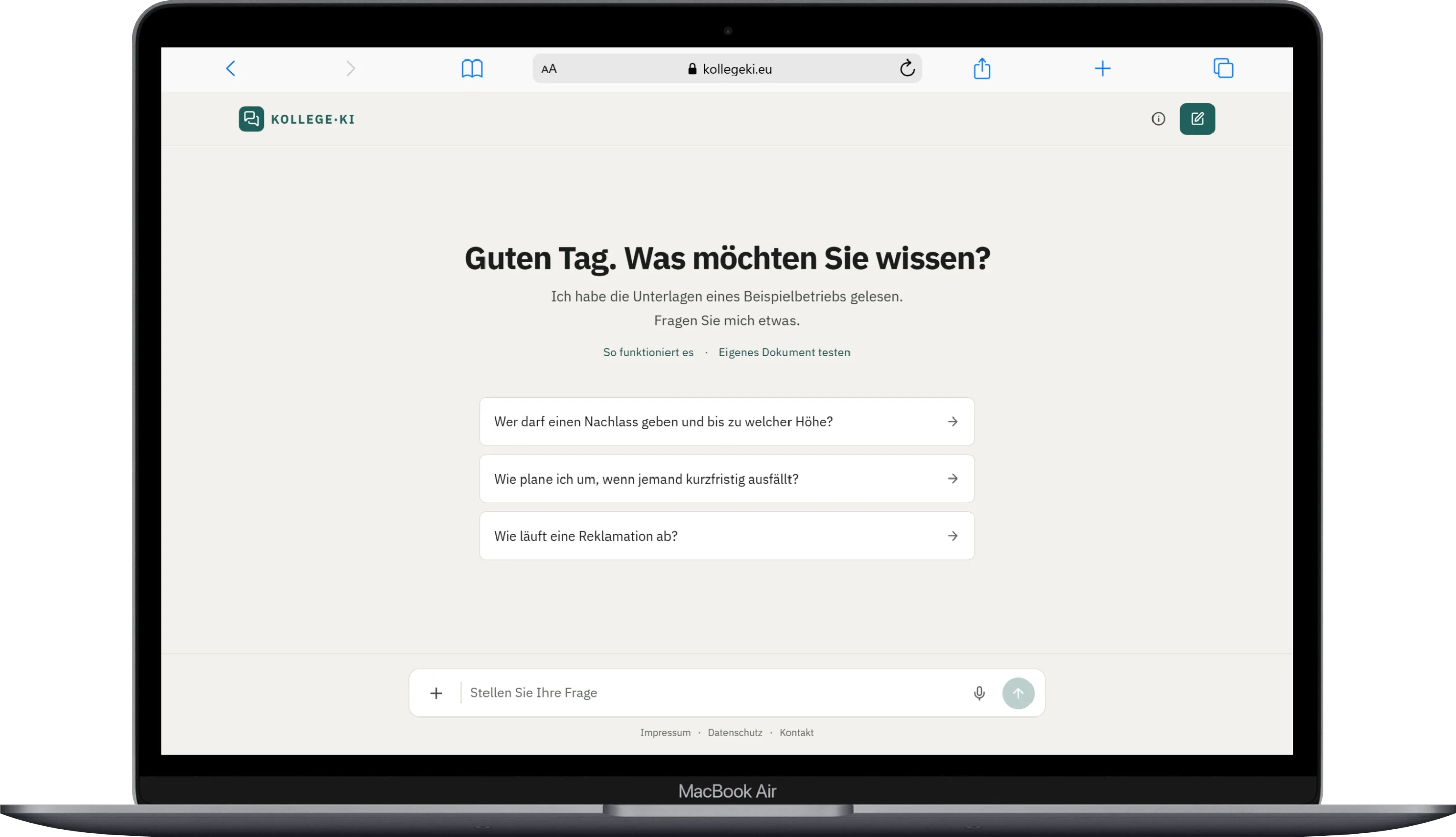 Kollege KI — Ansicht am Desktop