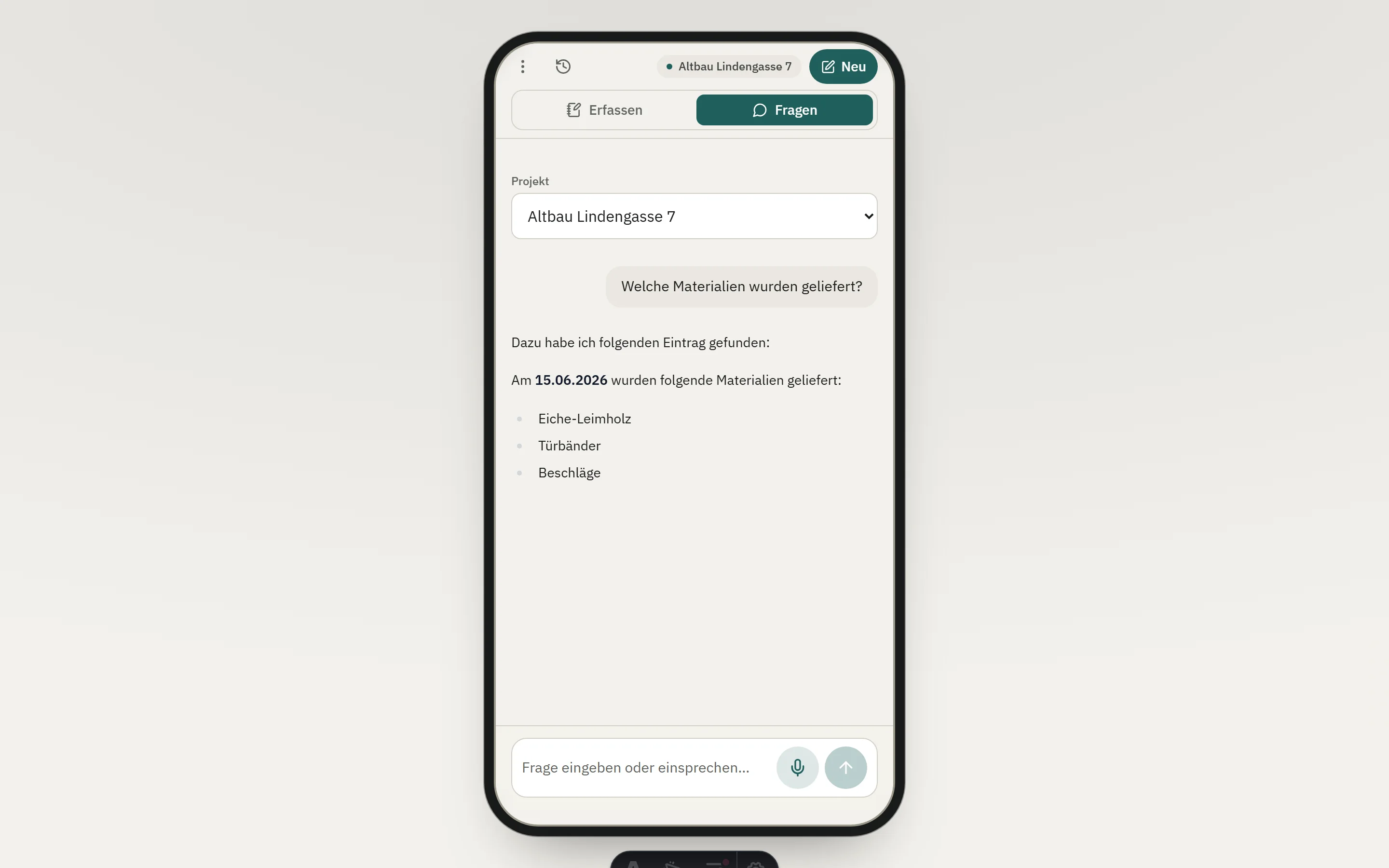 Beantwortete Projektfrage mit Datum und aufgelisteten Materialien aus dem Projektgedächtnis