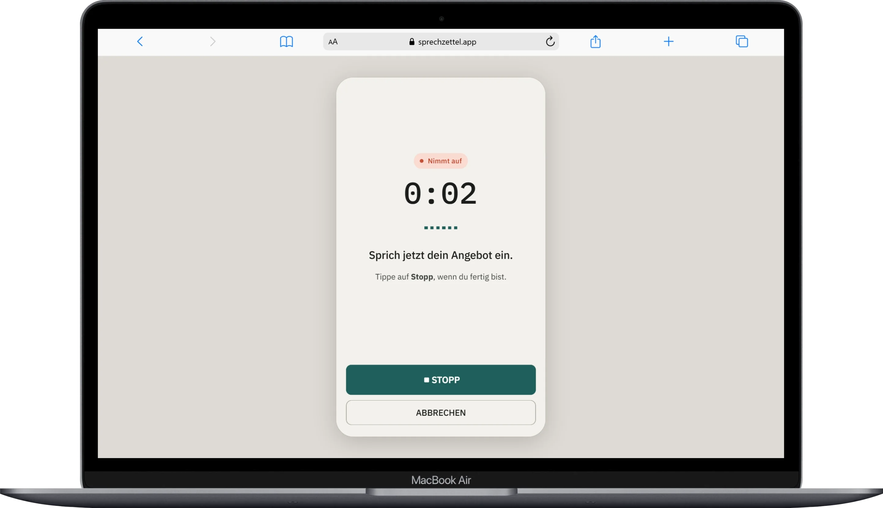 Sprechzettel — Ansicht am Desktop